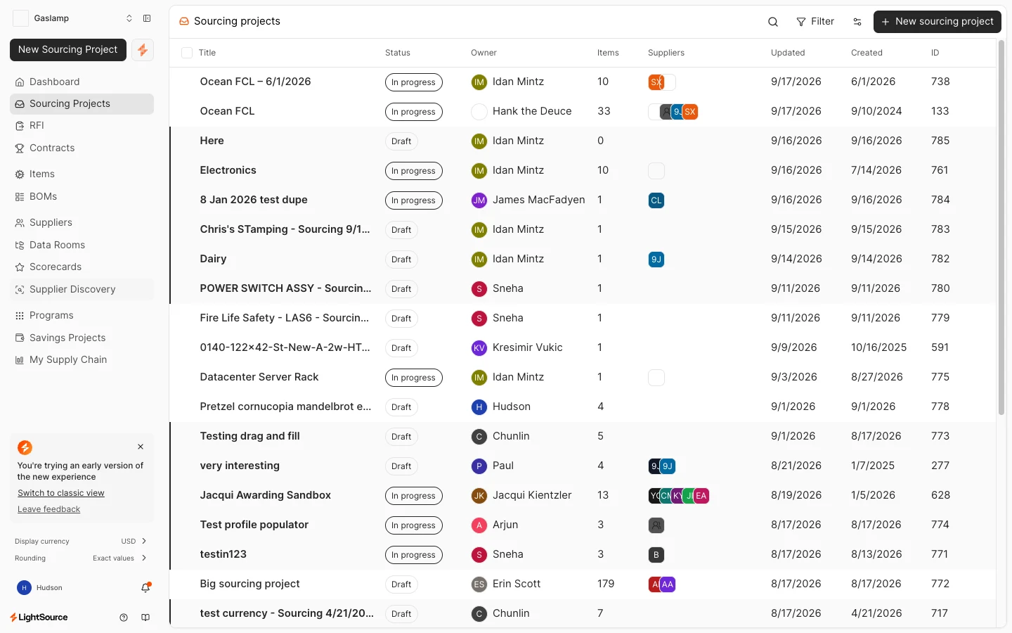 Sourcing projects list, after