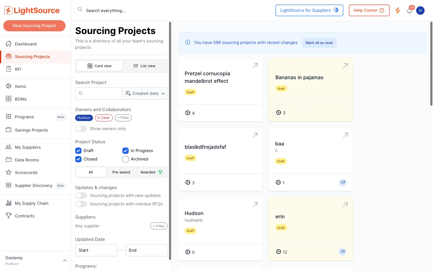 Sourcing projects list, before