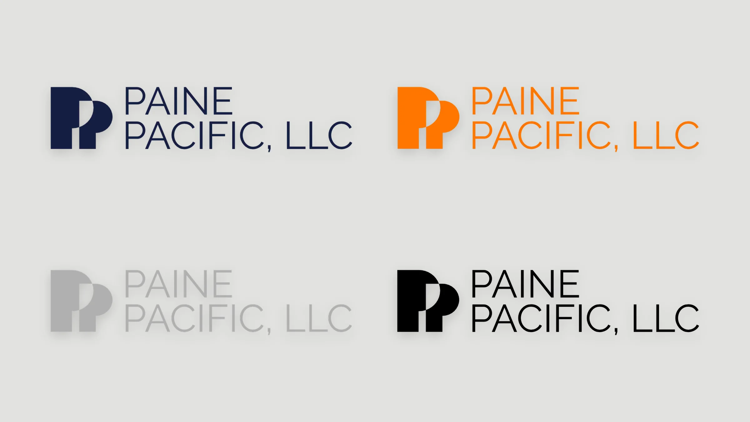 Horizontal Paine Pacific, LLC lockups in navy, orange, grey and black