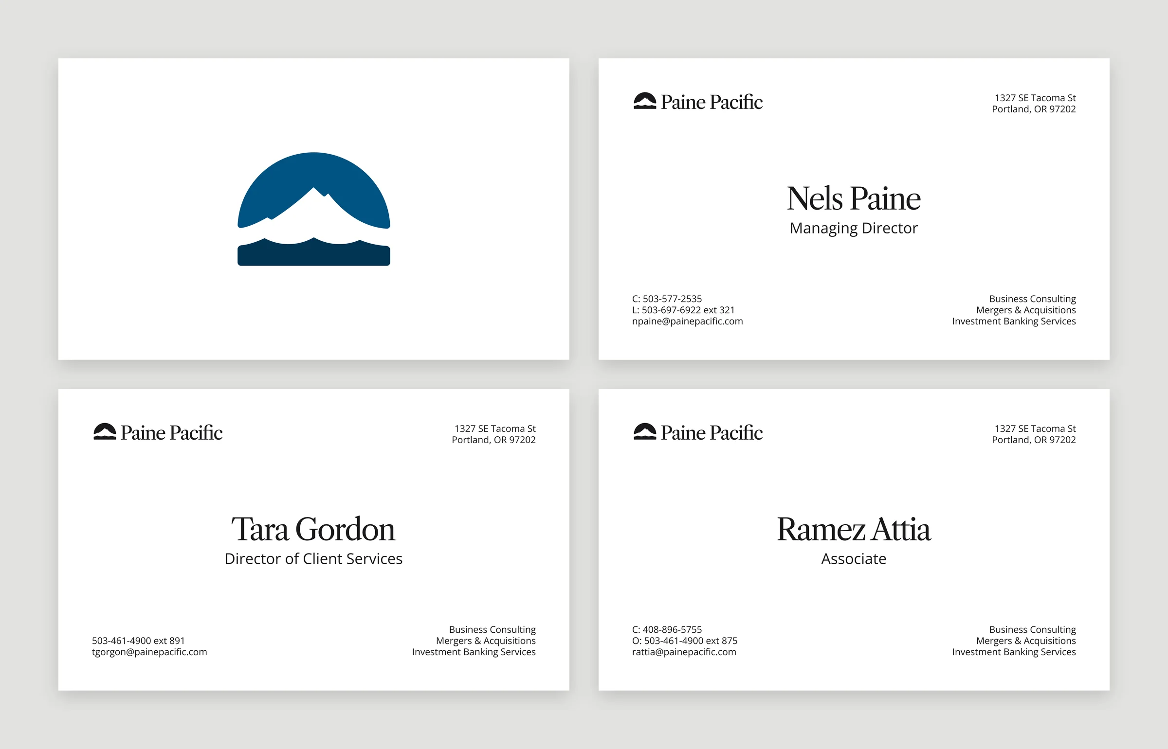 Business cards: the mark on the front, and backs for Nels Paine, Tara Gordon and Ramez Attia