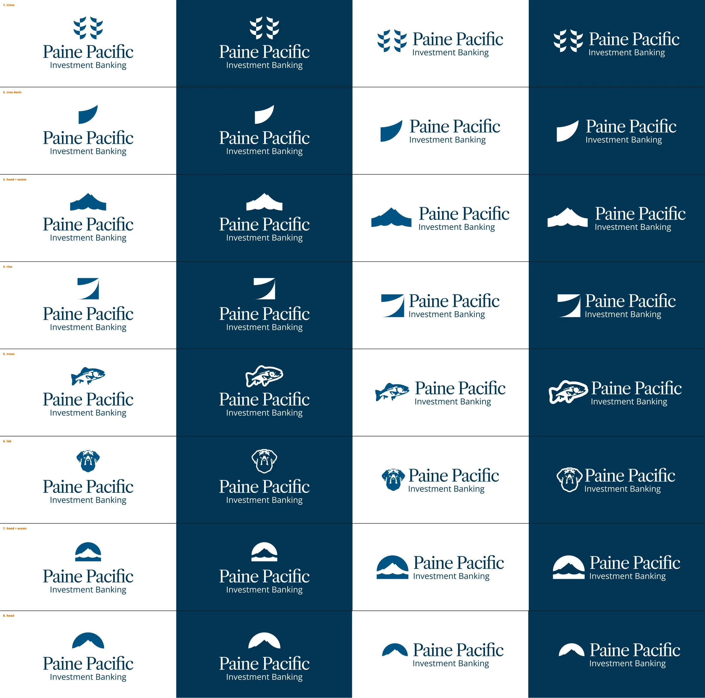 Eight logo directions in navy and white: trees, tree derivative, hood and water, rise, trout, lab, hood and ocean, hood