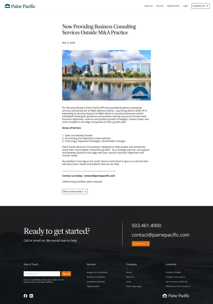 News post: Now providing business consulting services outside M&A practice