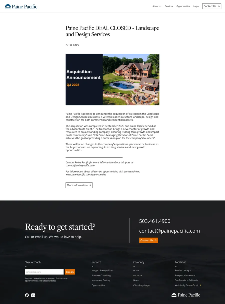 News post: Paine Pacific deal closed landscape and design services