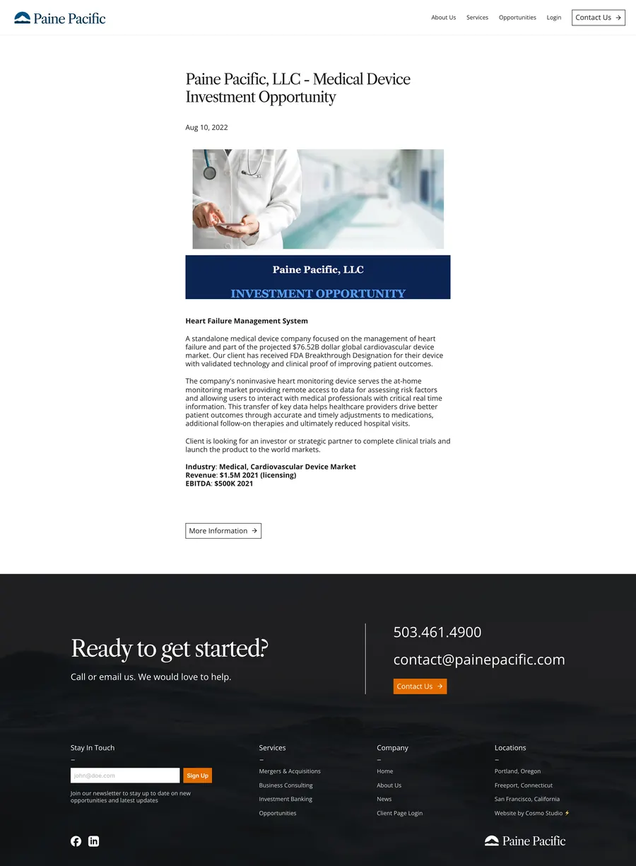 News post: Paine Pacific LLC medical device investment opportunity