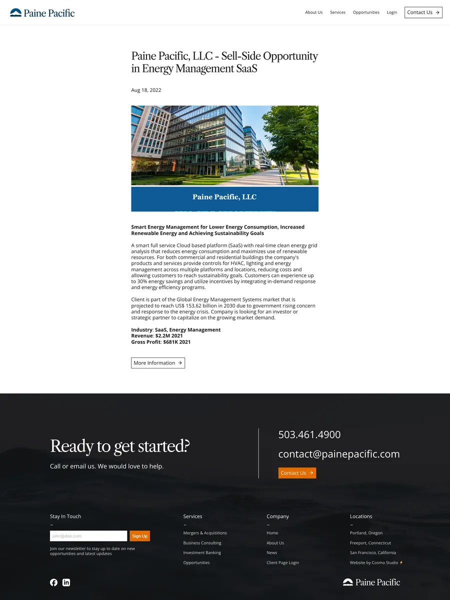 News post: Paine Pacific LLC sell side opportunity in energy management SaaS