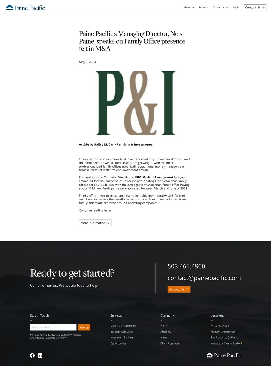 News post: Paine Pacific’s managing director Nels Paine speaks on family office presence felt in M&A