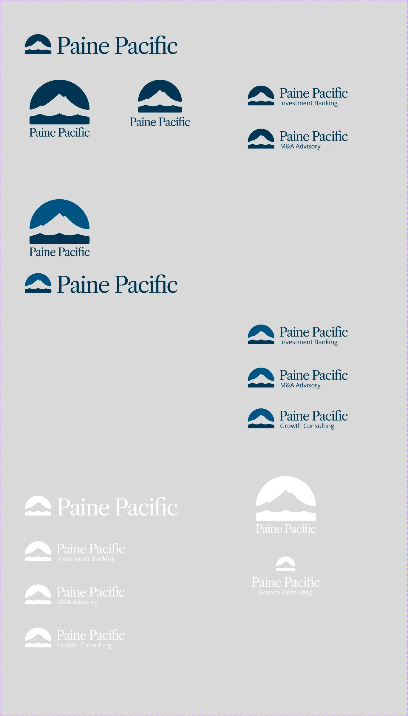 Paine Pacific lockups in navy and white, with Investment Banking, M&A Advisory and Growth Consulting descriptors