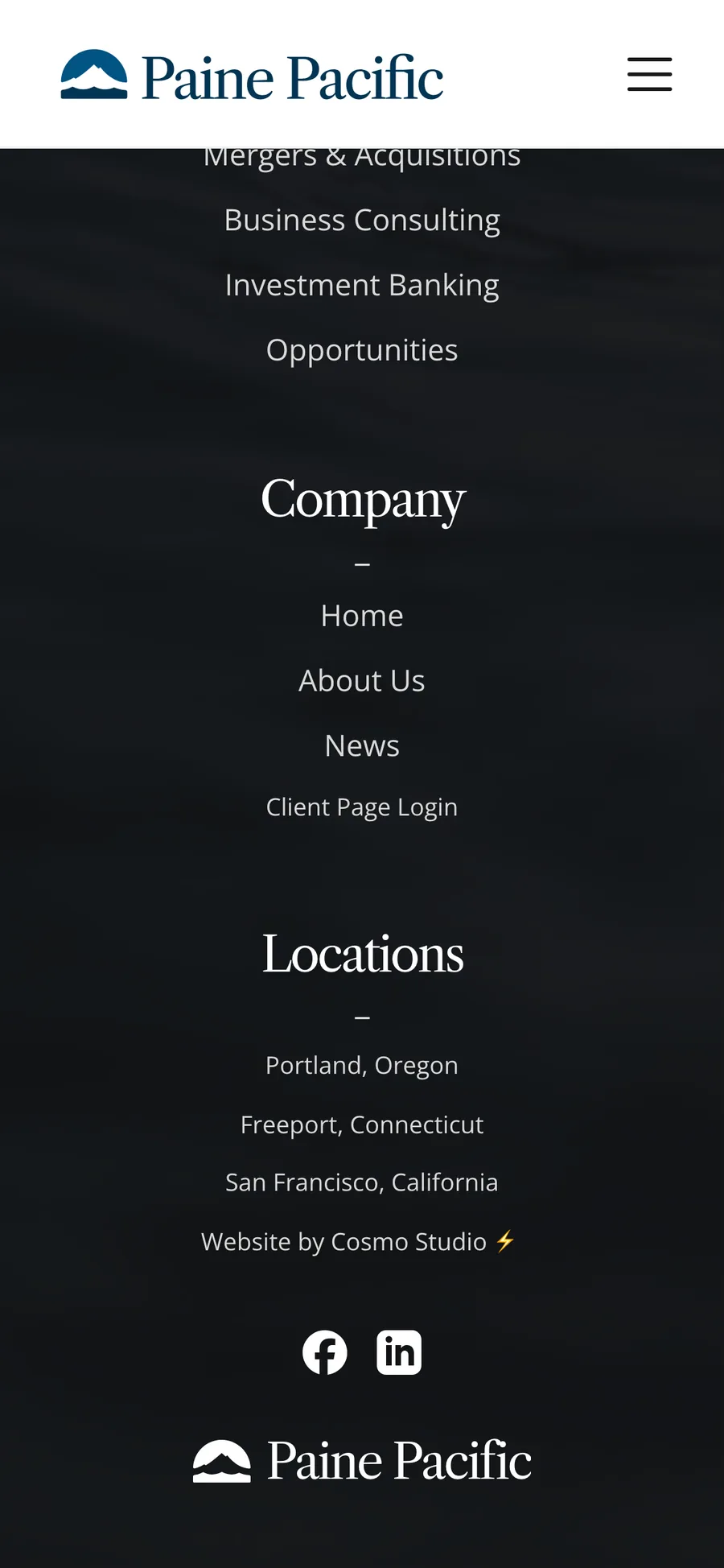 Mobile footer with locations and the white lockup