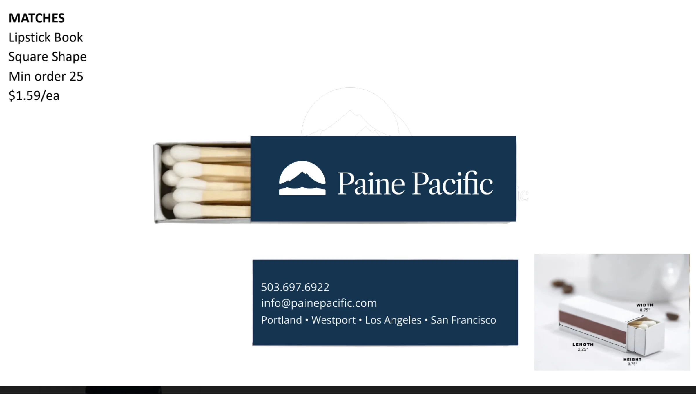 A navy Paine Pacific matchbook