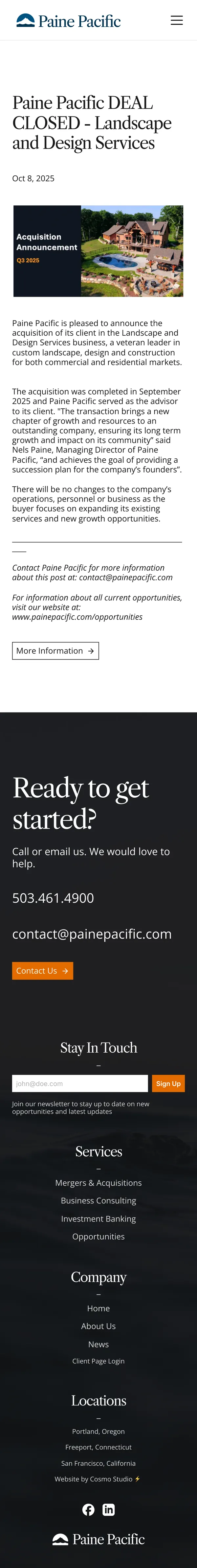 News post on a phone: Paine Pacific deal closed landscape and design services