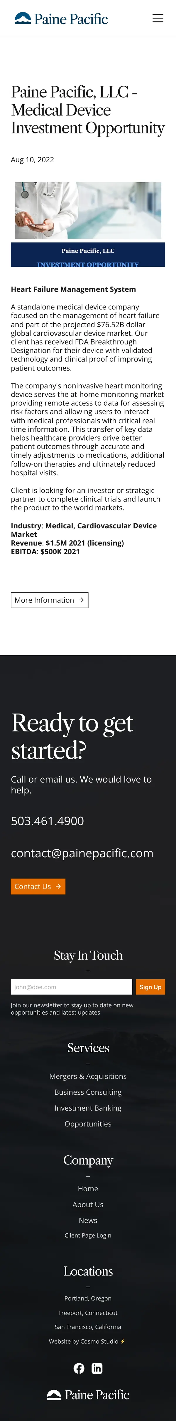 News post on a phone: Paine Pacific LLC medical device investment opportunity