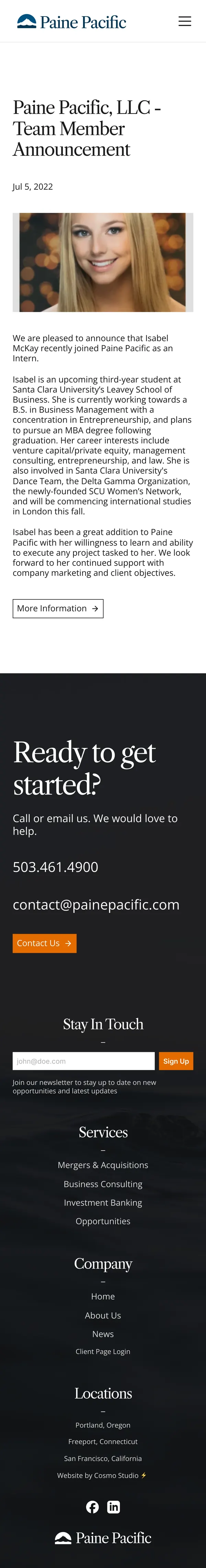 News post on a phone: Paine Pacific LLC team member announcement