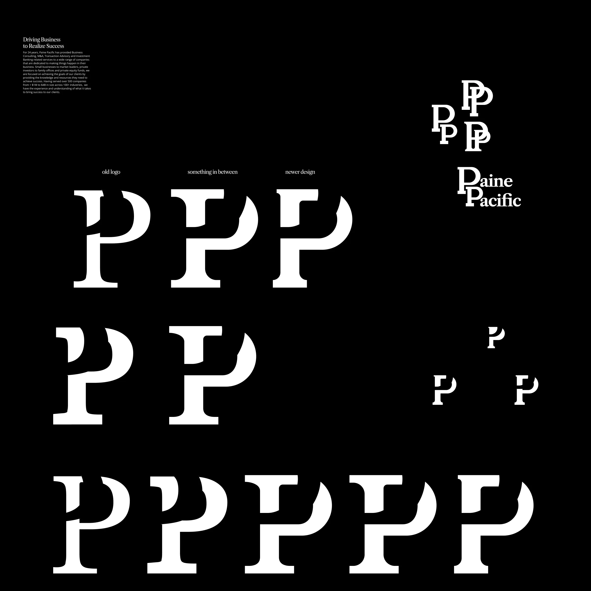 PP monogram studies in white on black: old logo, something in between, newer design