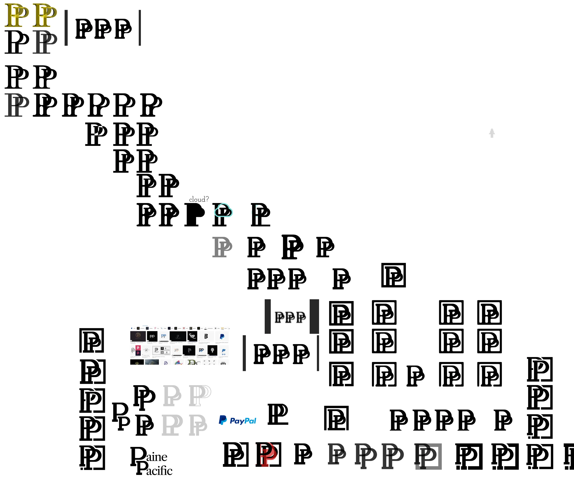 A sheet of PP monogram sketches in boxes, outlines and overlaps