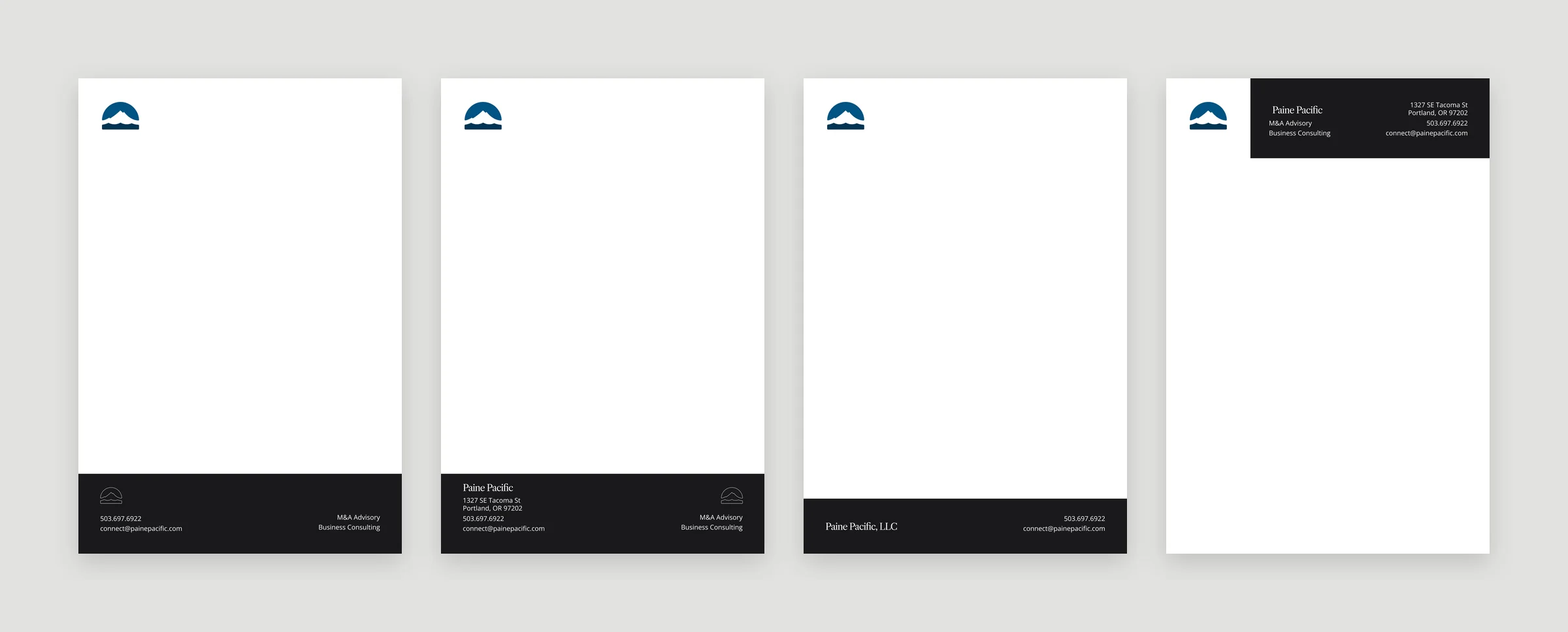 Four letterhead notepads with the mark up top and contact details in a black footer