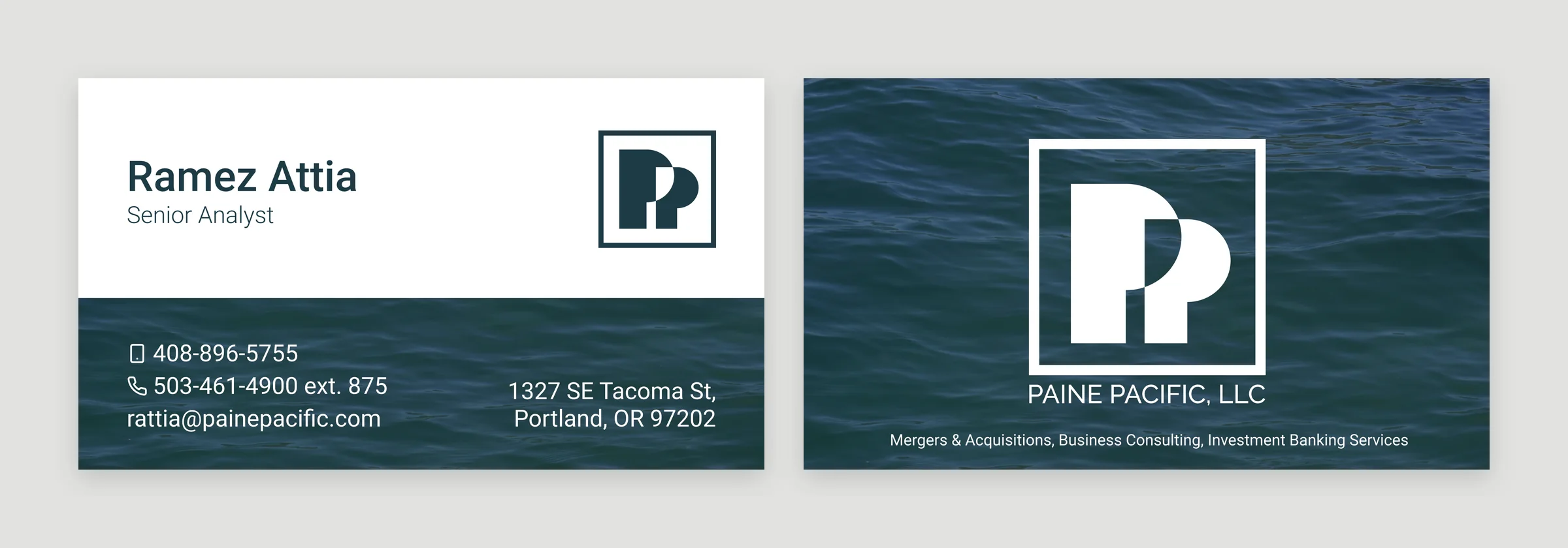 Business card, front and back, with the boxed PP over ocean water