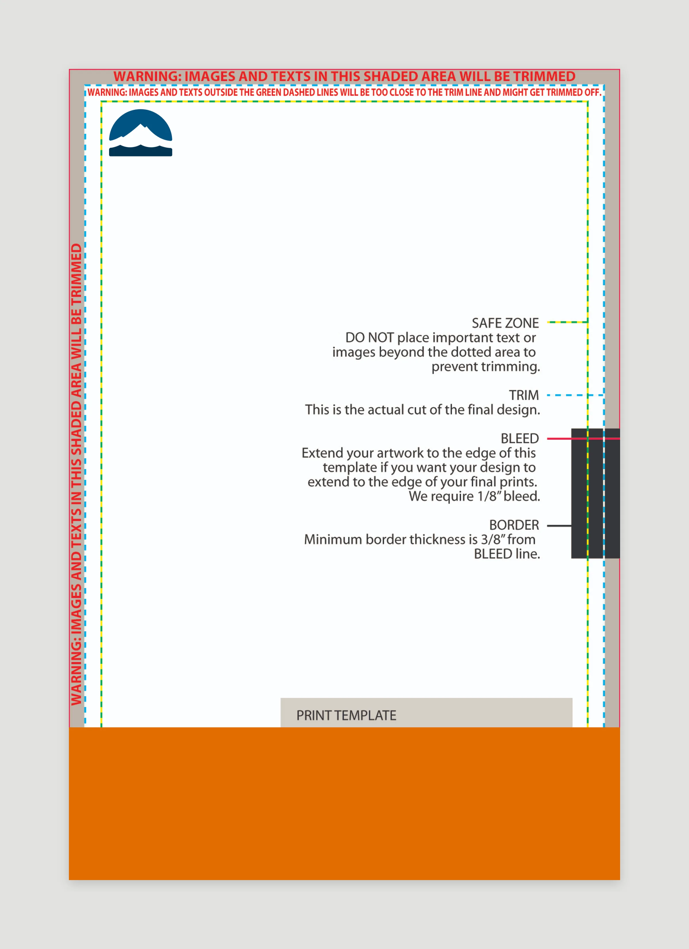 Notepad print template with bleed, trim and safe zone marked