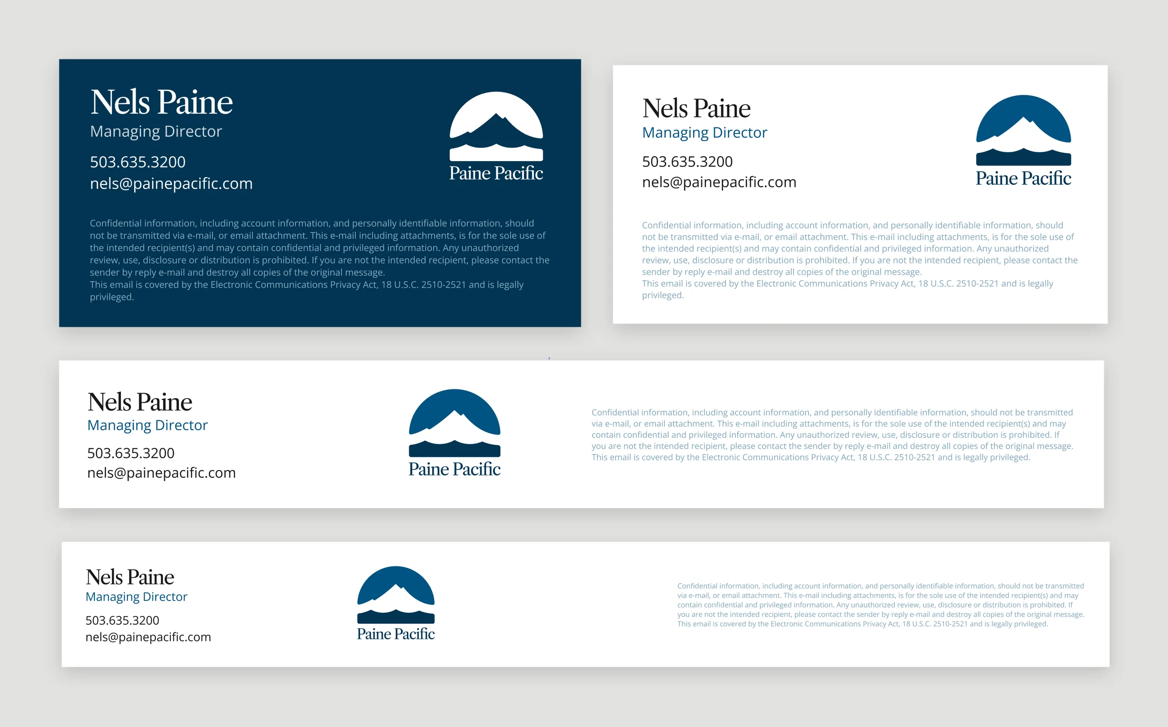 Four email signatures for Nels Paine, dark and light, stacked and wide