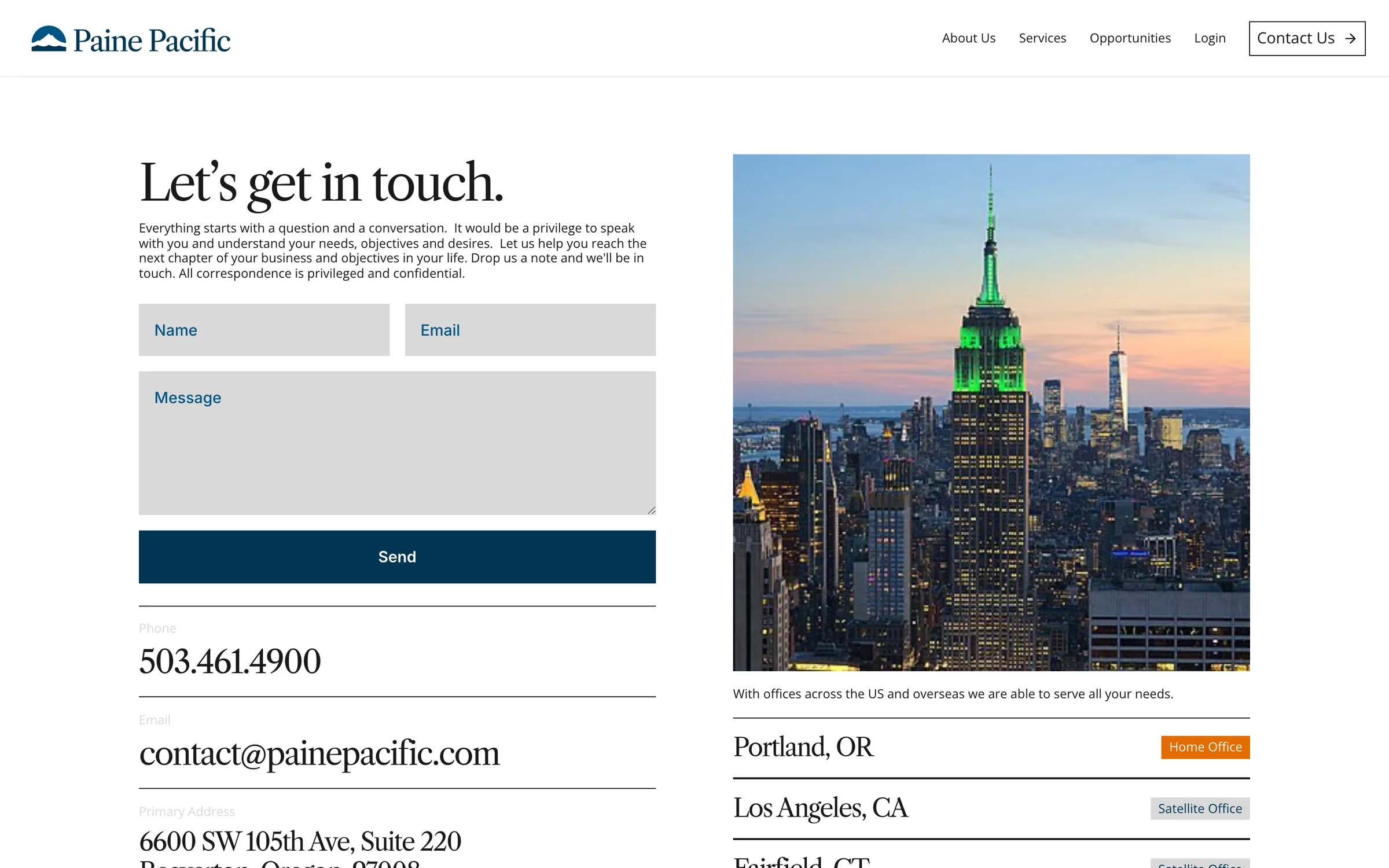 Contact page with a form, offices and a New York skyline