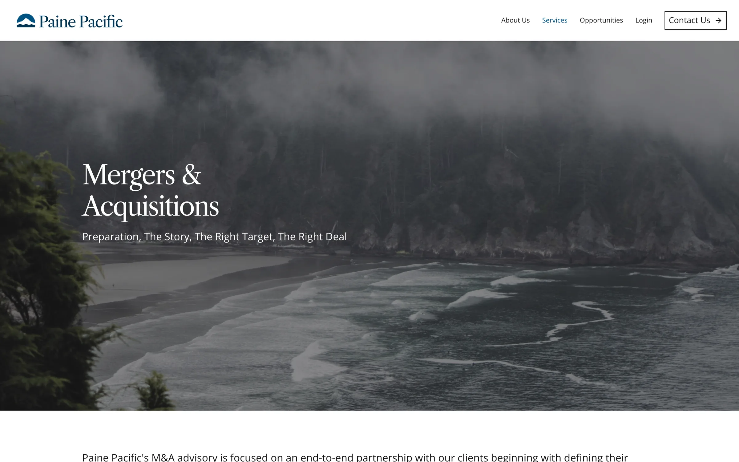 Mergers and Acquisitions header over a misty coastline