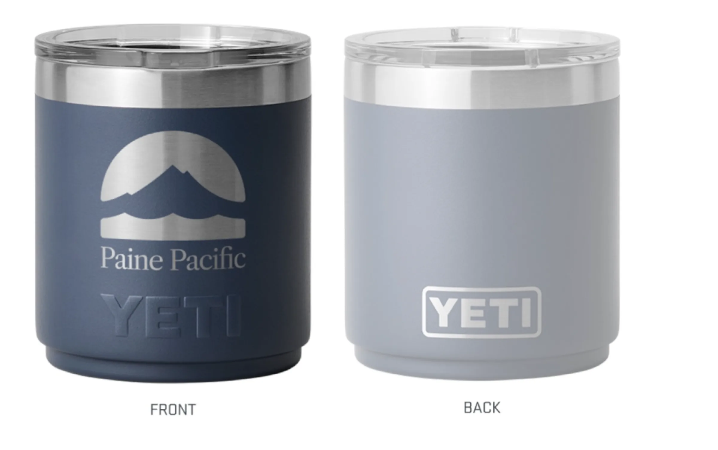 Navy and grey Yeti tumblers etched with the stacked lockup